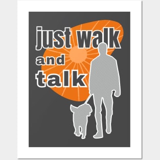 Just walk and talk walking with a dog against the background of the orange sunrise Posters and Art